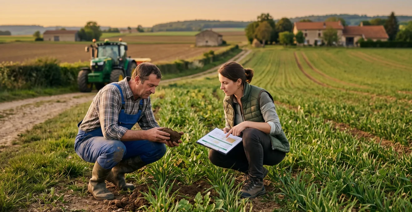 Agriculteur et conseiller agronomique accroupis au bord d'une parcelle de culture en France, examinant ensemble le sol et les plantes, document technique en main, tracteur moderne en arrière-plan, lumière dorée de fin de journée