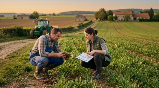 Agriculteur et conseiller agronomique accroupis au bord d'une parcelle de culture en France, examinant ensemble le sol et les plantes, document technique en main, tracteur moderne en arrière-plan, lumière dorée de fin de journée