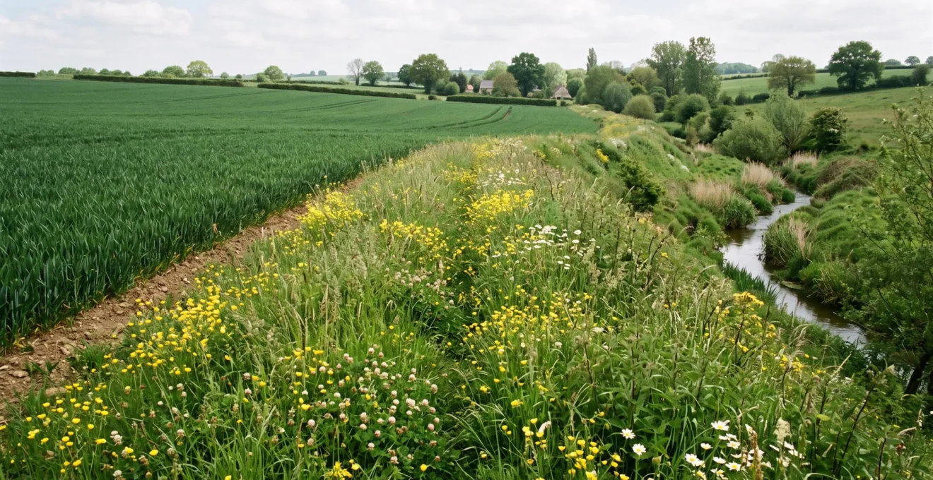 Bande enherbée dense et fleurie de 5 à 10 mètres de large bordant une parcelle cultivée, petit cours d'eau en contrebas, paysage agricole français sous ciel partiellement nuageux