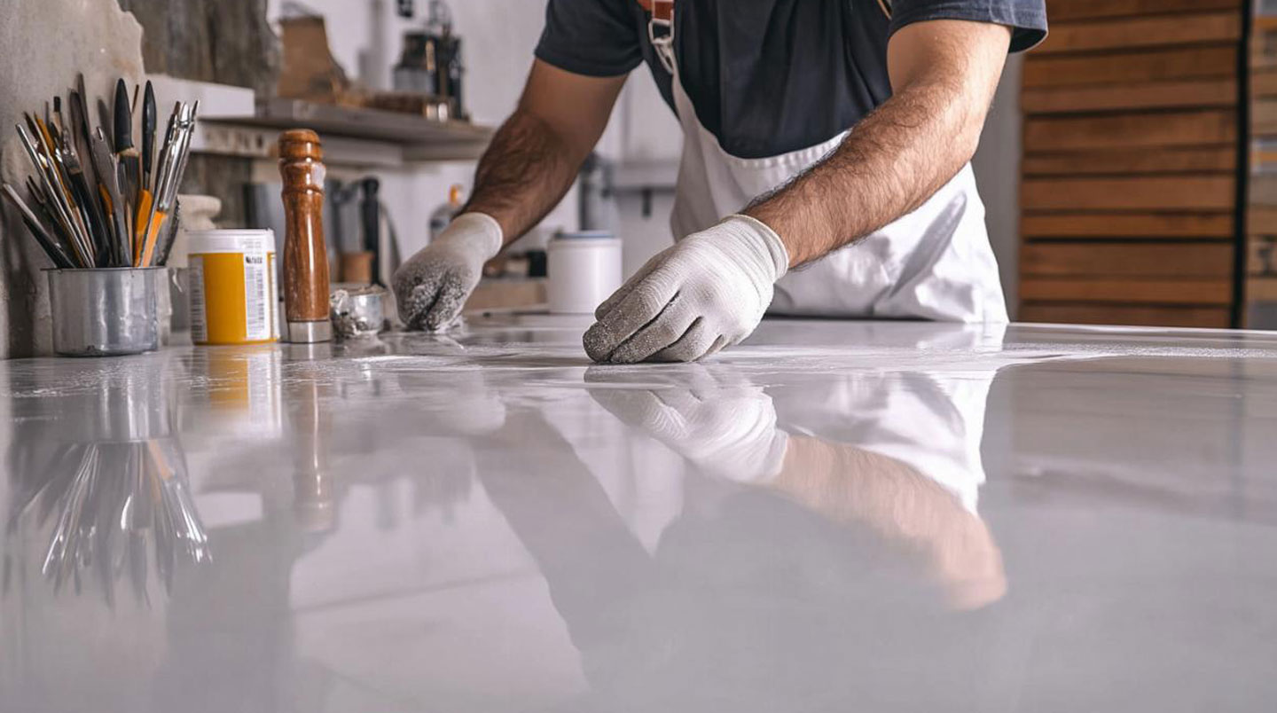 Installateur professionnel accroupi appliquant de la résine époxy grise avec une raclette dentée sur un plancher de cuisine en rénovation
