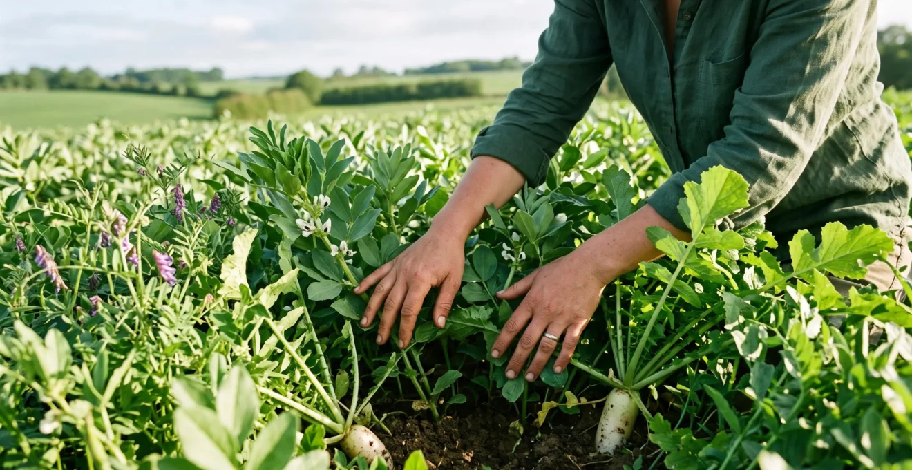 Mains d'agriculteur écartant un couvert végétal dense de féverole, vesce et radis fourrager, sol brun foncé visible en arrière-plan, lumière naturelle douce