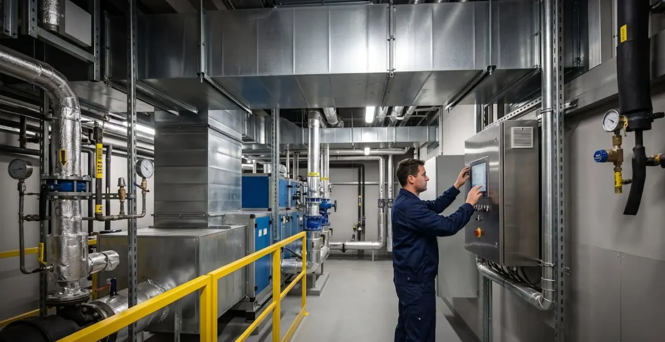 Salle mécanique commerciale moderne avec système HVAC central et conduits de distribution, technicien ajustant les paramètres de contrôle