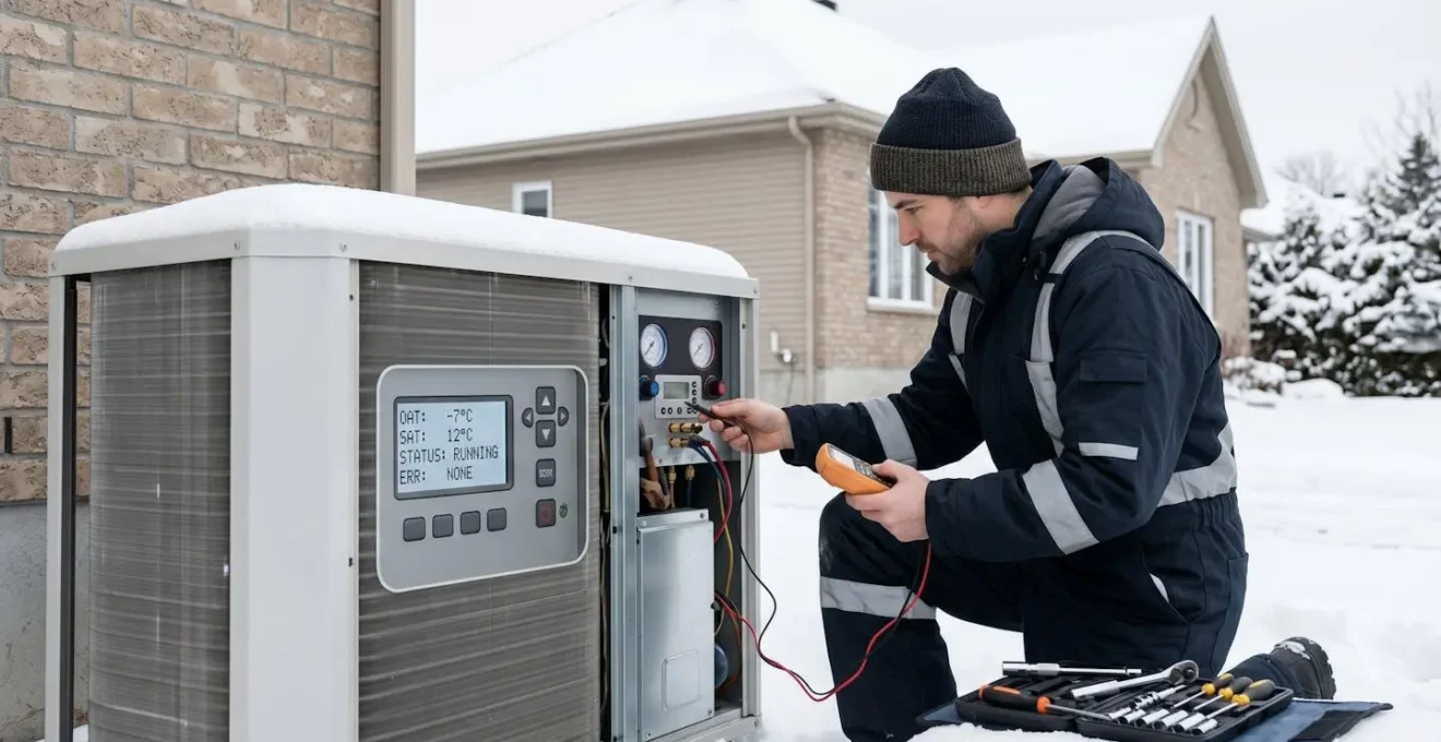Technicien HVAC en uniforme d'hiver effectuant la maintenance d'une thermopompe extérieure dans un environnement résidentiel enneigé du Québec