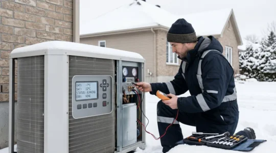 Technicien HVAC en uniforme d'hiver effectuant la maintenance d'une thermopompe extérieure dans un environnement résidentiel enneigé du Québec