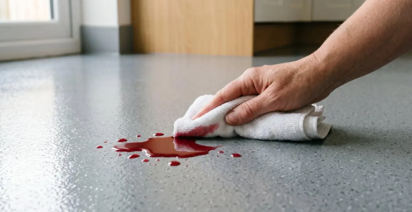 Main essuyant avec un linge microfibre une flaque de liquide rouge sur un plancher d'époxy gris qui repousse le liquide sans l'absorber