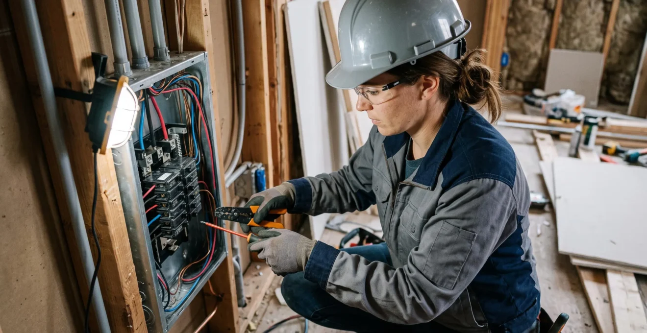 Électricien installant des composants électriques dans un chantier de rénovation résidentielle