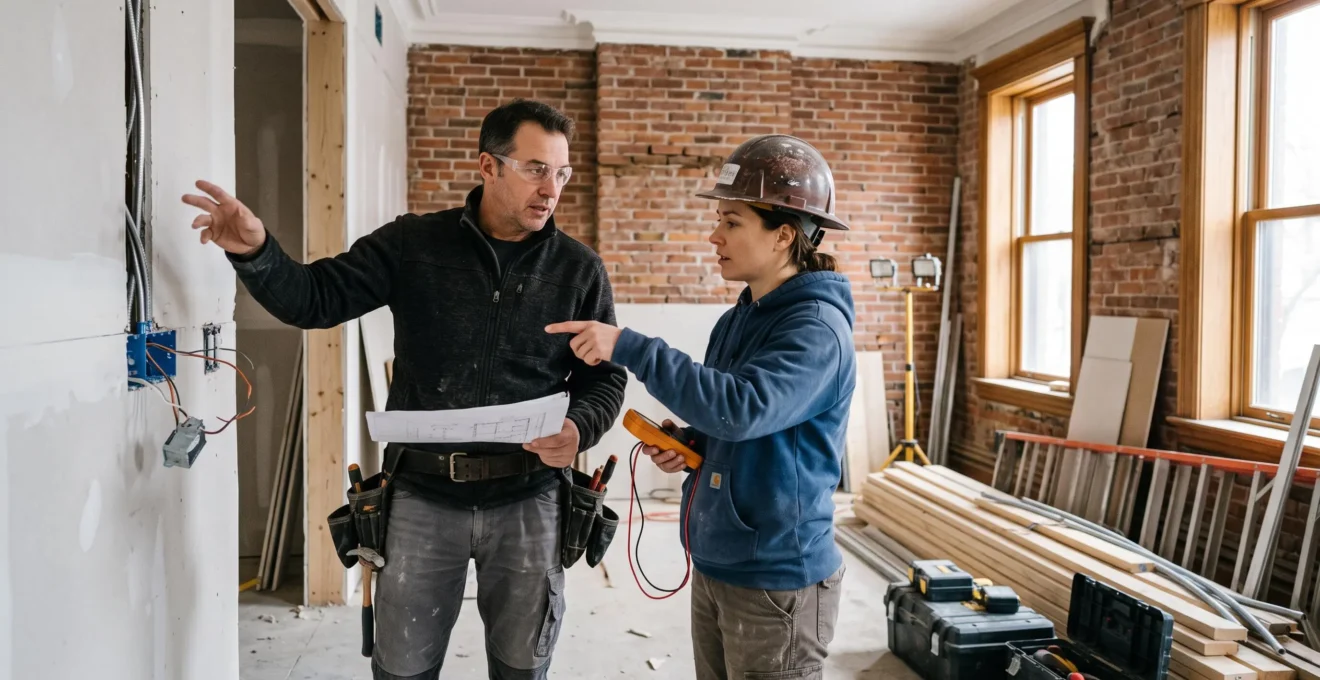 Entrepreneur général coordonnant avec un artisan à l'intérieur d'un chantier de rénovation résidentielle à Outremont