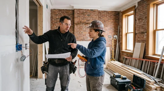 Entrepreneur général coordonnant avec un artisan à l'intérieur d'un chantier de rénovation résidentielle à Outremont