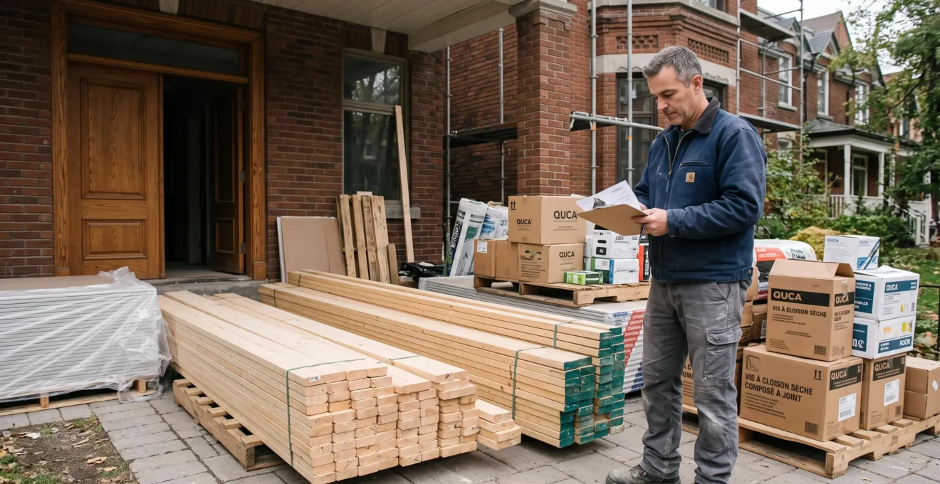 Coordonnateur de chantier vérifiant la livraison de matériaux sur un site de rénovation résidentielle à Outremont
