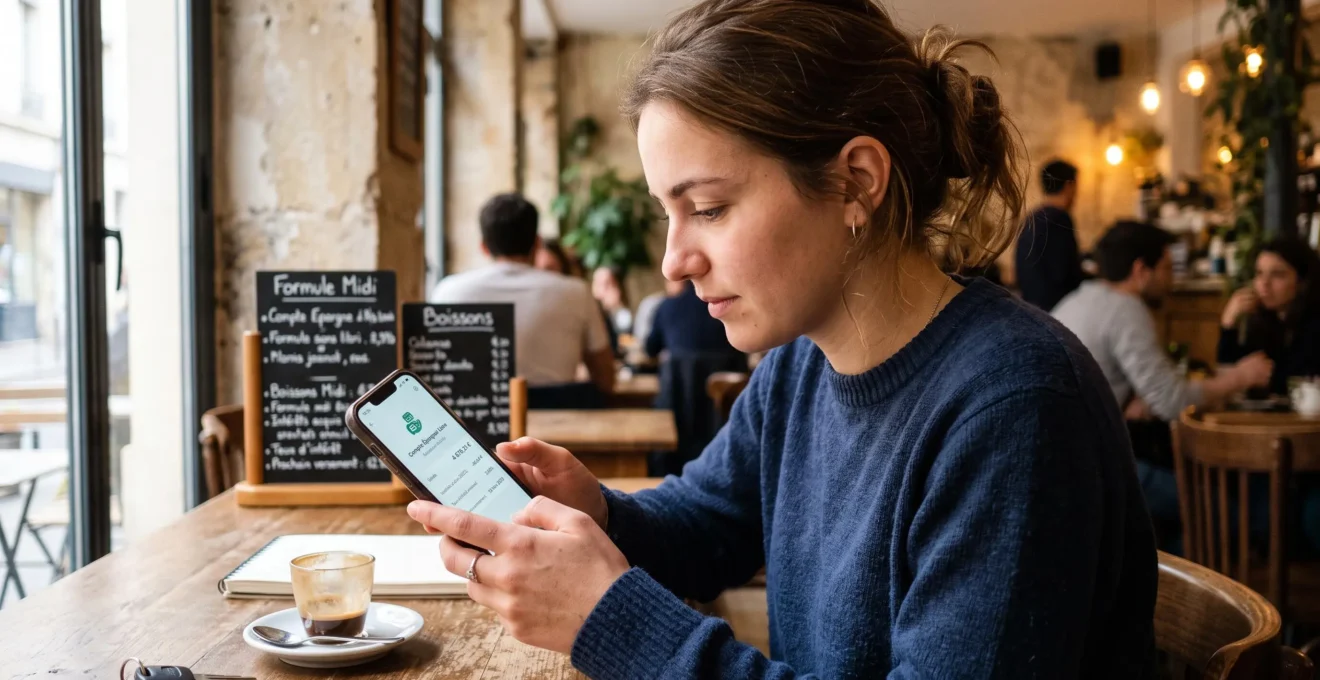 Jeune personne consultant une application bancaire mobile sur smartphone affichant le solde d'épargne et les intérêts