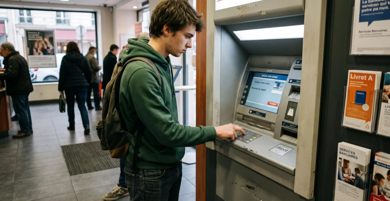 Jeune personne utilisant un distributeur automatique bancaire pour effectuer une transaction d'épargne en France