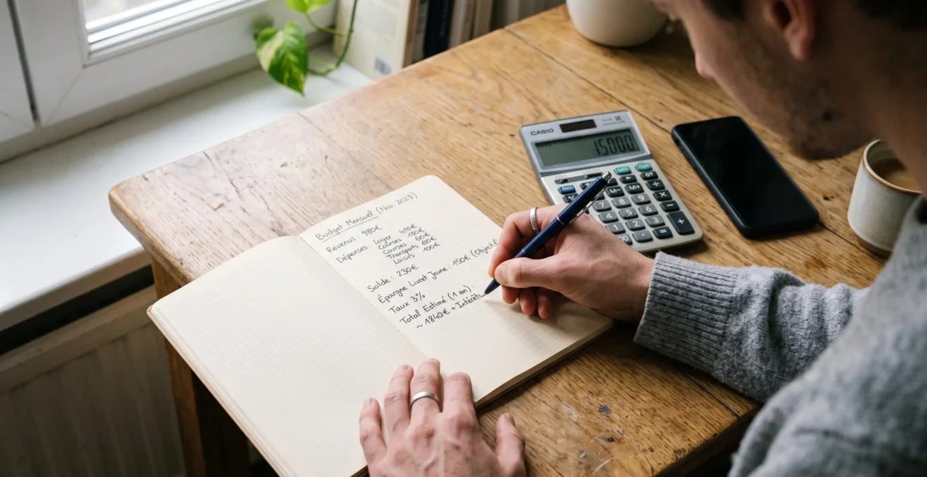 Jeune personne calculant et planifiant sa stratégie d'épargne avec carnet, calculatrice et stylo sur un espace de travail à domicile