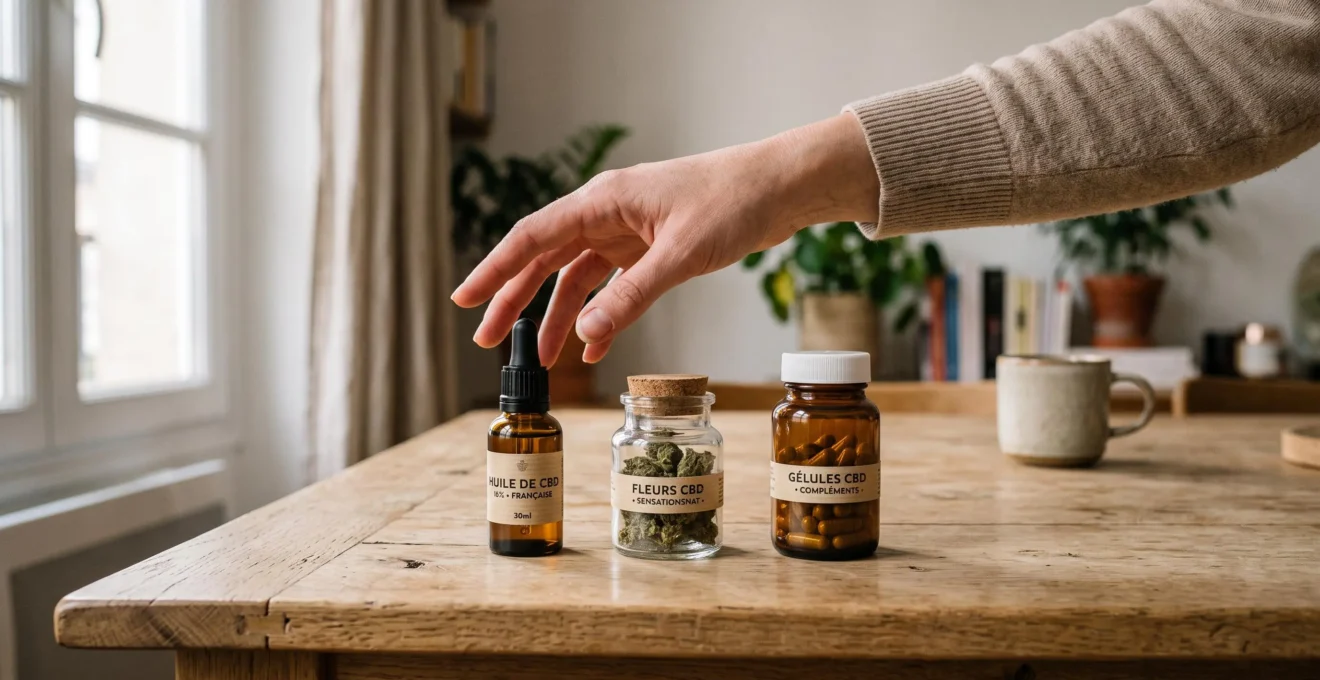 Une main hésite entre un flacon d'huile, des fleurs et des gélules de CBD posés sur une table.