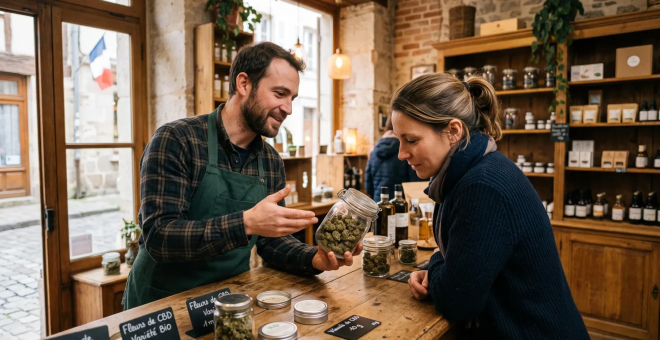 Une cliente examine des fleurs de CBD dans un contenant en verre présenté par un vendeur en boutique.