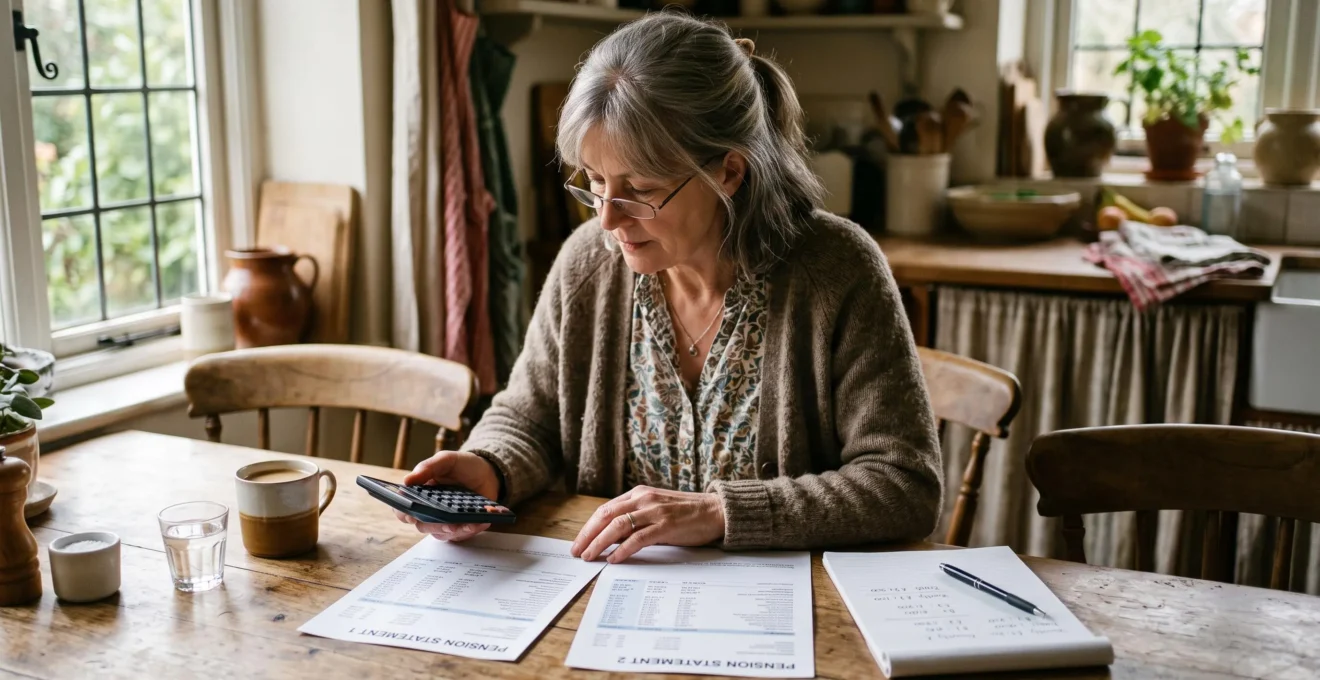 Une femme compare deux documents retraite avec une calculatrice à sa table de cuisine.