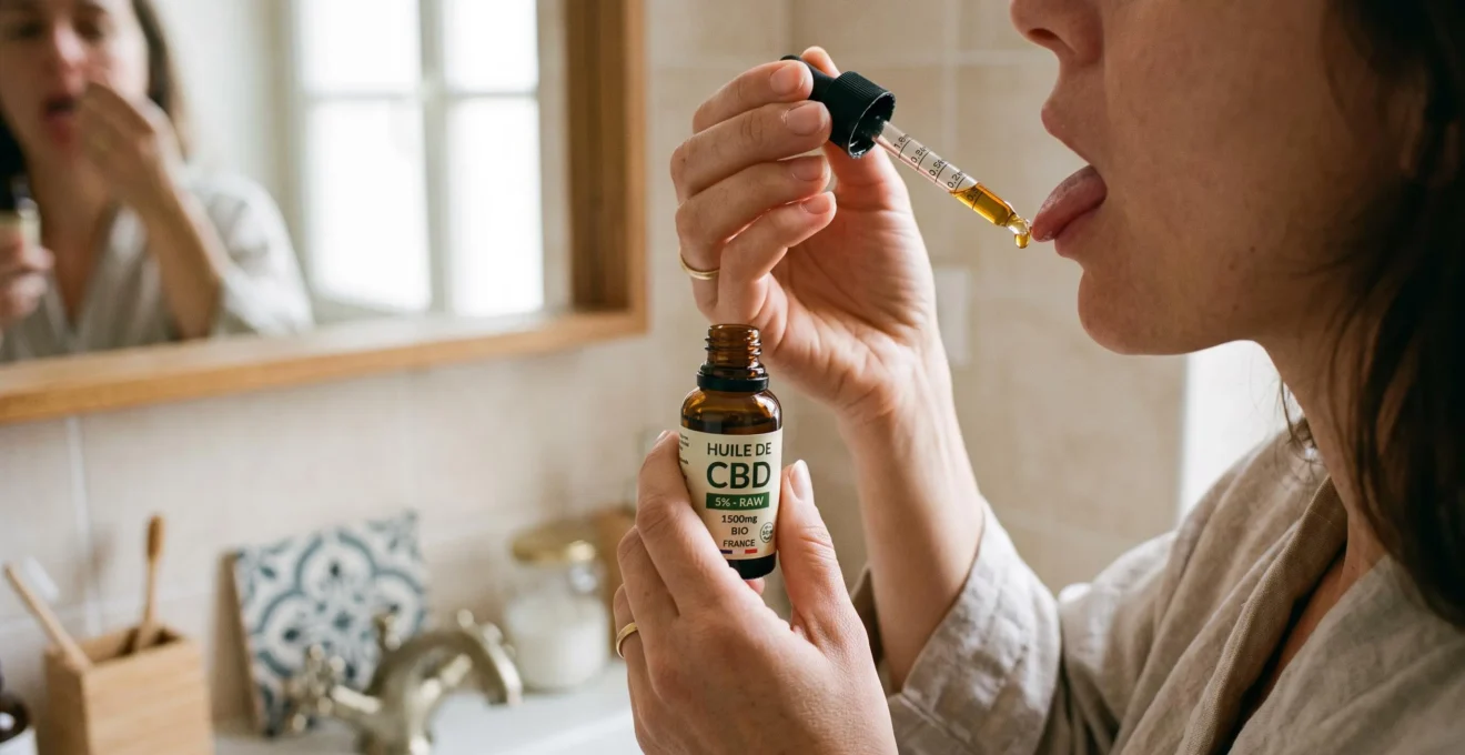 Une main tient une pipette d'huile CBD au-dessus d'un flacon ouvert dans une salle de bain.