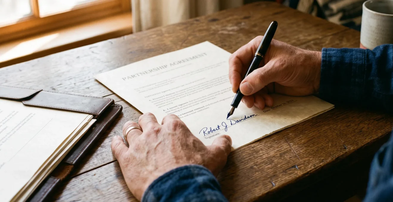 Des mains signent un contrat retraite avec un stylo plume sur une table en bois.
